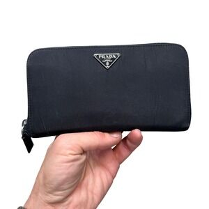 Vintage Prada Tessuto Nylon Zip Around Wallet Nero Black M506 Authenticity Card